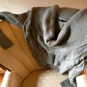 Grey, off the shoulder, cableknit cowlneck sweater